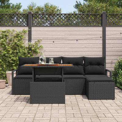 6 Piece Garden Sofa Set with Cushions Black Poly Rattan