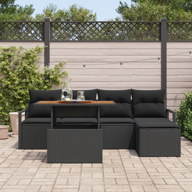 6 Piece Garden Sofa Set with Cushions Black Poly Rattan