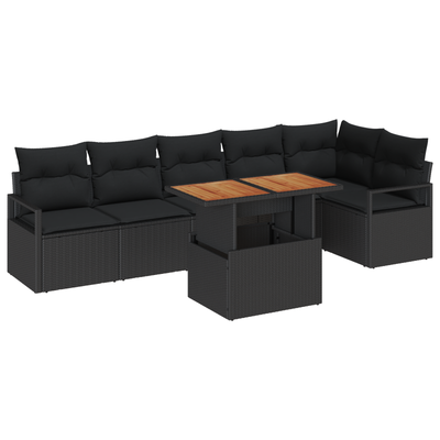 7 Piece Garden Sofa Set with Cushions Black Poly Rattan
