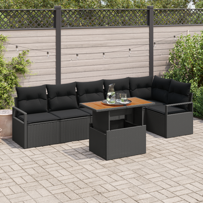 7 Piece Garden Sofa Set with Cushions Black Poly Rattan