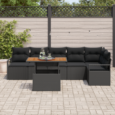 7 Piece Garden Sofa Set with Cushions Black Poly Rattan