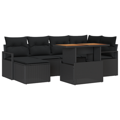 7 Piece Garden Sofa Set with Cushions Black Poly Rattan