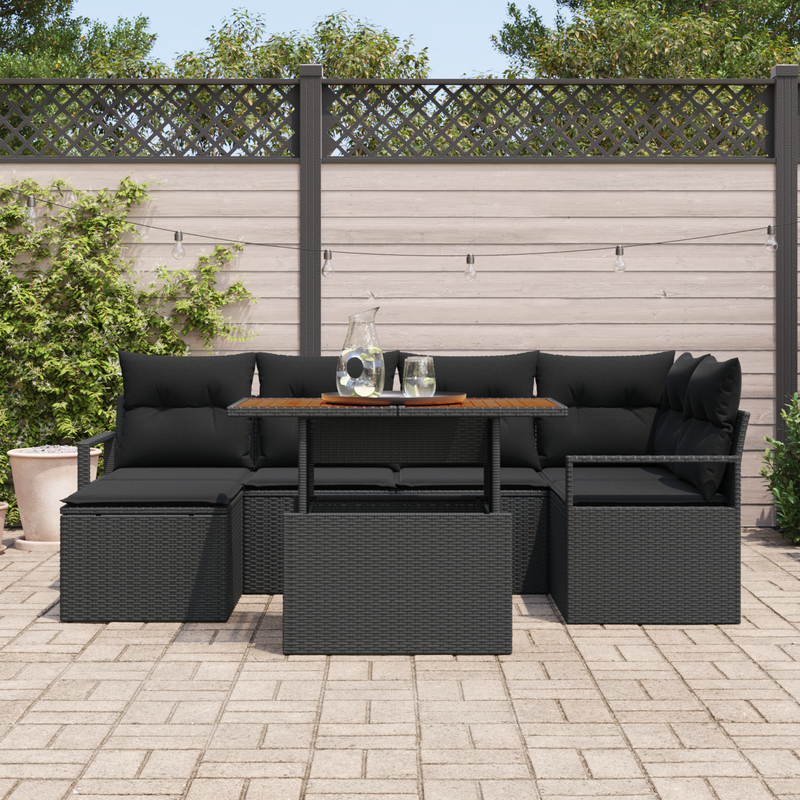 7 Piece Garden Sofa Set with Cushions Black Poly Rattan