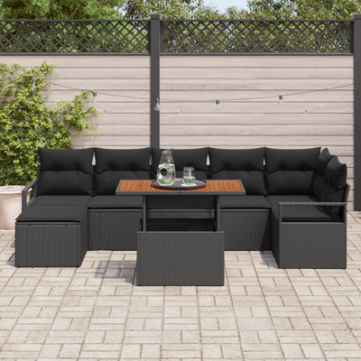 8 Piece Garden Sofa Set with Cushions Black Poly Rattan