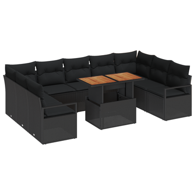 10 Piece Garden Sofa Set with Cushions Black Poly Rattan