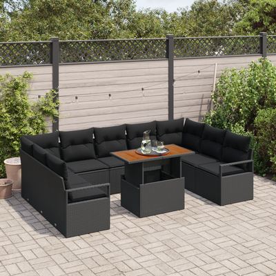 10 Piece Garden Sofa Set with Cushions Black Poly Rattan