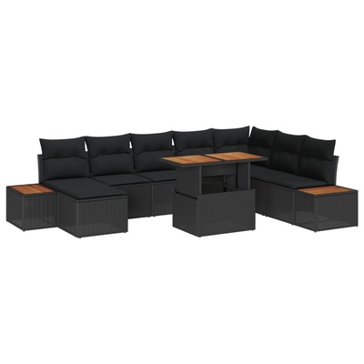 9 Piece Garden Sofa Set with Cushions Black Poly Rattan
