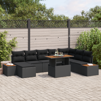 9 Piece Garden Sofa Set with Cushions Black Poly Rattan