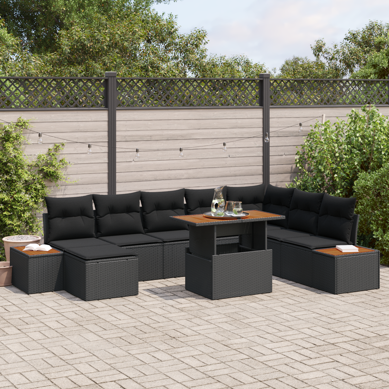 9 Piece Garden Sofa Set with Cushions Black Poly Rattan