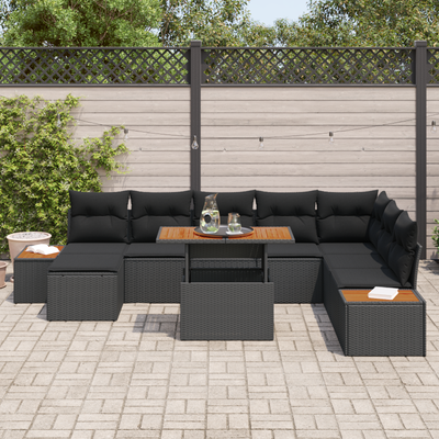 9 Piece Garden Sofa Set with Cushions Black Poly Rattan