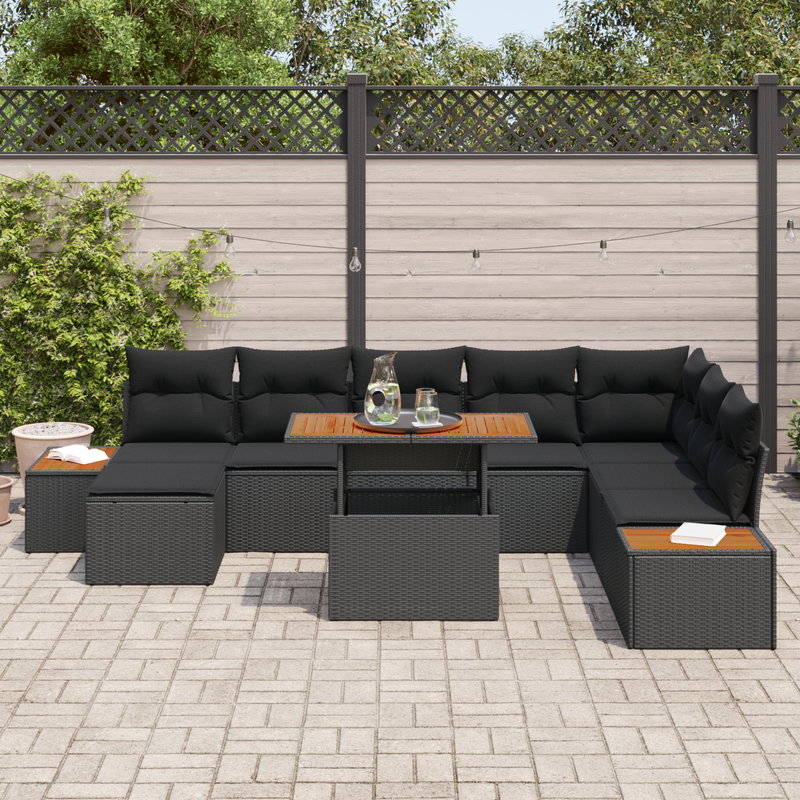 9 Piece Garden Sofa Set with Cushions Black Poly Rattan