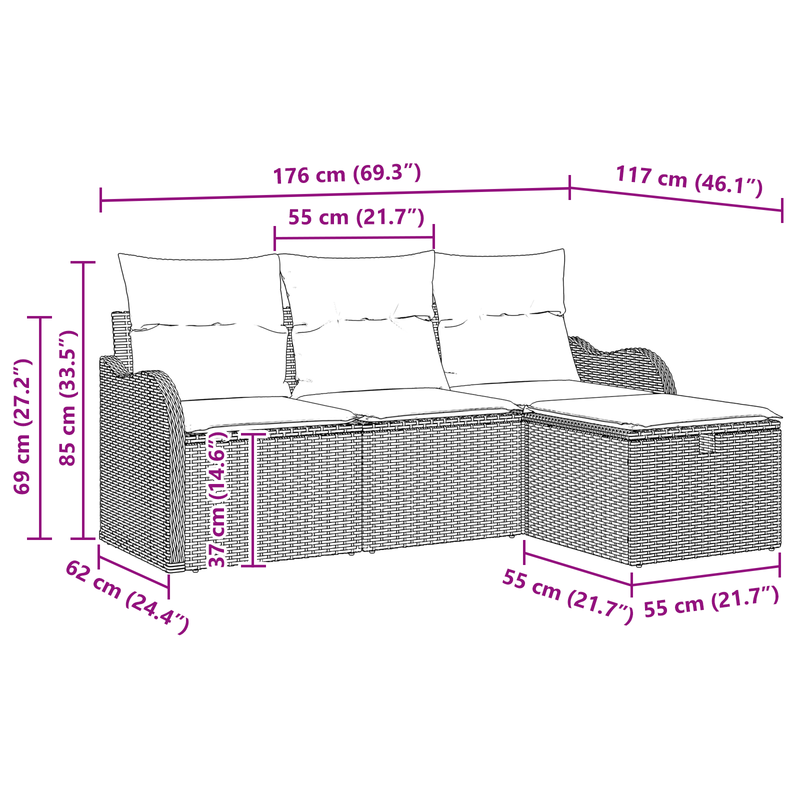 4 Piece Garden Sofa Set with Cushions Grey Poly Rattan