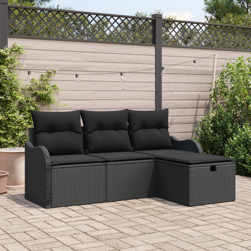 4 Piece Garden Sofa Set with Cushions Black Poly Rattan