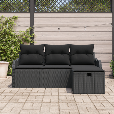4 Piece Garden Sofa Set with Cushions Black Poly Rattan