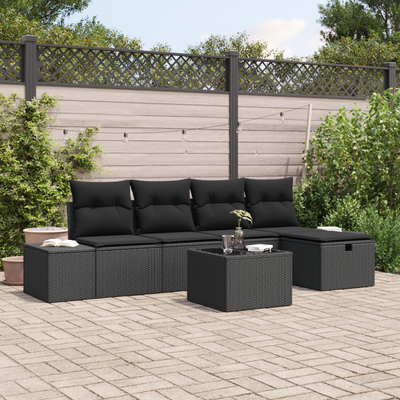 6 Piece Garden Sofa Set with Cushions Black Poly Rattan