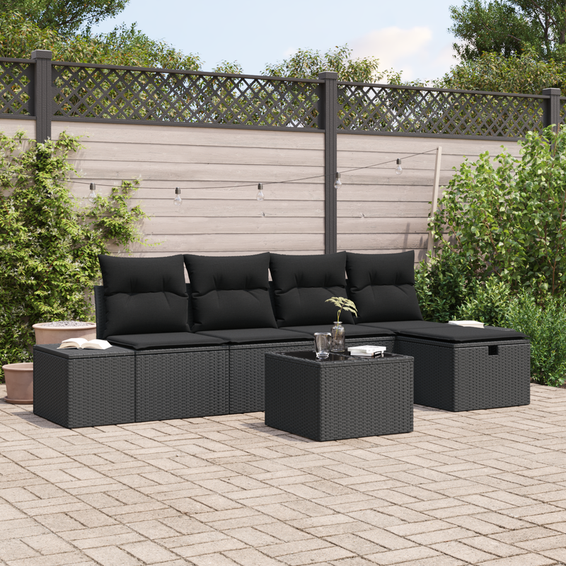6 Piece Garden Sofa Set with Cushions Black Poly Rattan