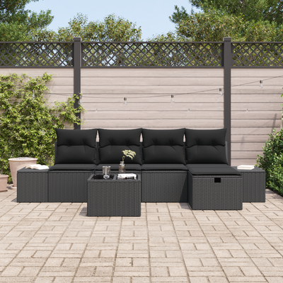 6 Piece Garden Sofa Set with Cushions Black Poly Rattan