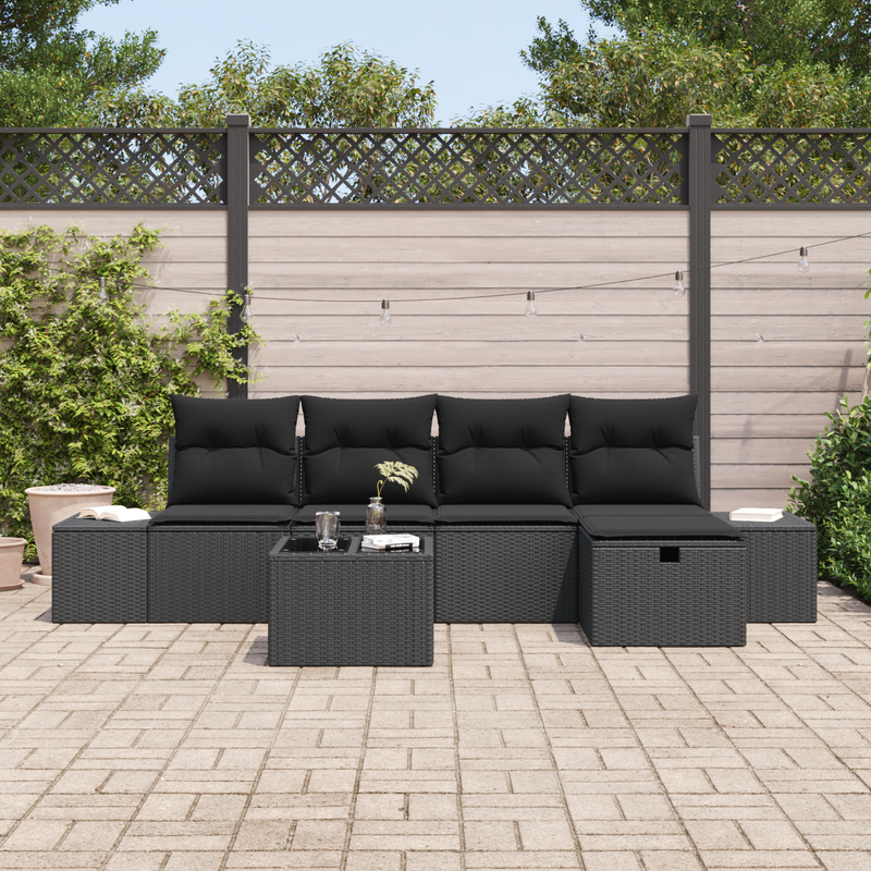 6 Piece Garden Sofa Set with Cushions Black Poly Rattan