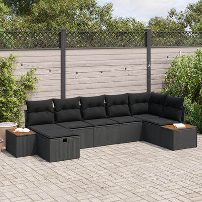 7 Piece Garden Sofa Set with Cushions Black Poly Rattan