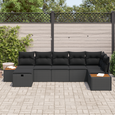 7 Piece Garden Sofa Set with Cushions Black Poly Rattan
