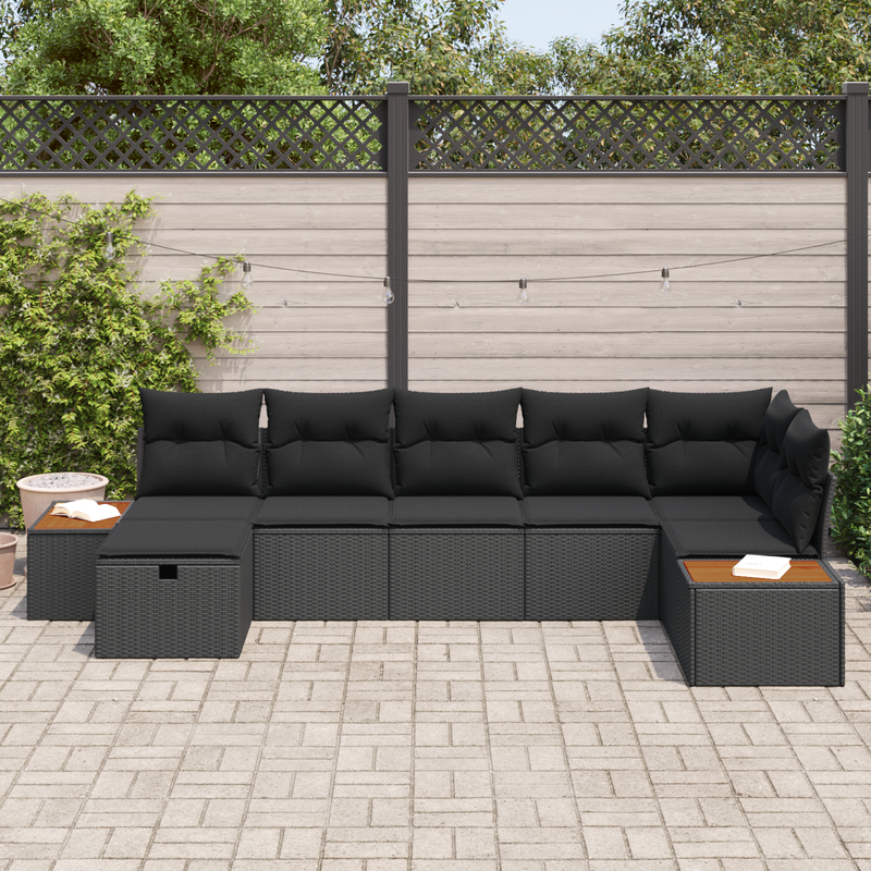 7 Piece Garden Sofa Set with Cushions Black Poly Rattan