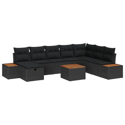 9 Piece Garden Sofa Set with Cushions Black Poly Rattan