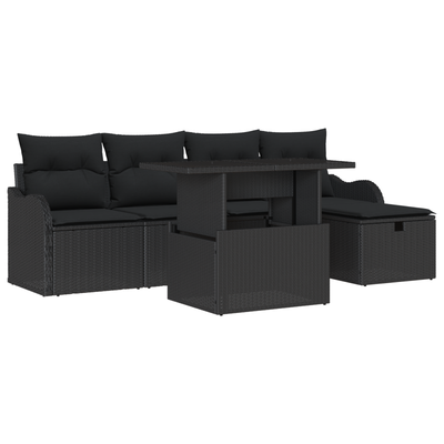6 Piece Garden Sofa Set with Cushions Black Poly Rattan