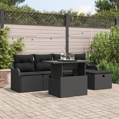 6 Piece Garden Sofa Set with Cushions Black Poly Rattan