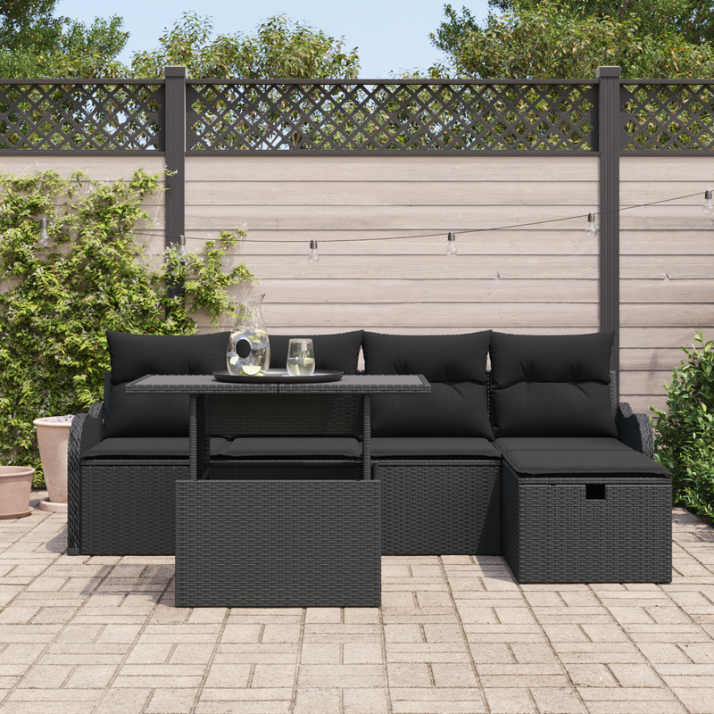 6 Piece Garden Sofa Set with Cushions Black Poly Rattan