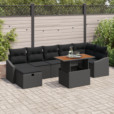 8 Piece Garden Sofa Set with Cushions Black Poly Rattan
