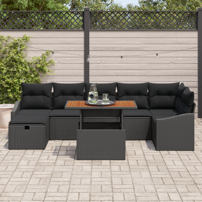 8 Piece Garden Sofa Set with Cushions Black Poly Rattan