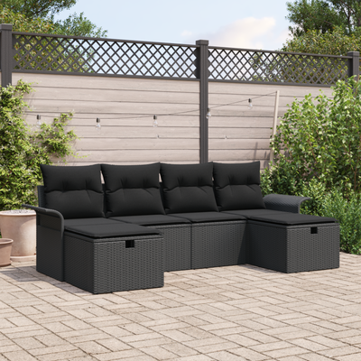6 Piece Garden Sofa Set with Cushions Black Poly Rattan