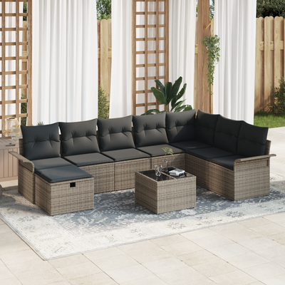 9 Piece Garden Sofa Set with Cushions Grey Poly Rattan
