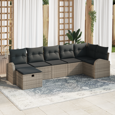 7 Piece Garden Sofa Set with Cushions Grey Poly Rattan