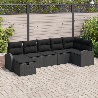 7 Piece Garden Sofa Set with Cushions Black Poly Rattan