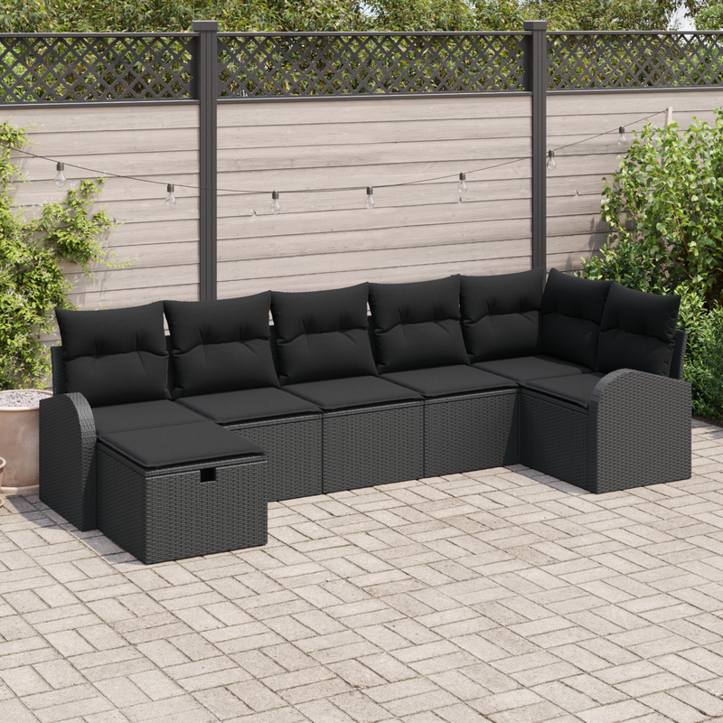 7 Piece Garden Sofa Set with Cushions Black Poly Rattan