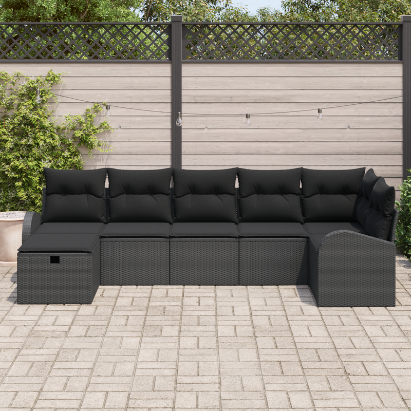7 Piece Garden Sofa Set with Cushions Black Poly Rattan