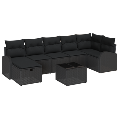 8 Piece Garden Sofa Set with Cushions - Black Poly Rattan