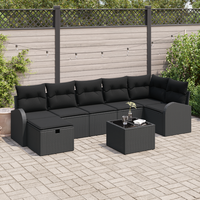 8 Piece Garden Sofa Set with Cushions - Black Poly Rattan