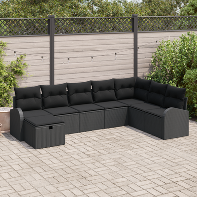 8 Piece Garden Sofa Set with Cushions Black Poly Rattan