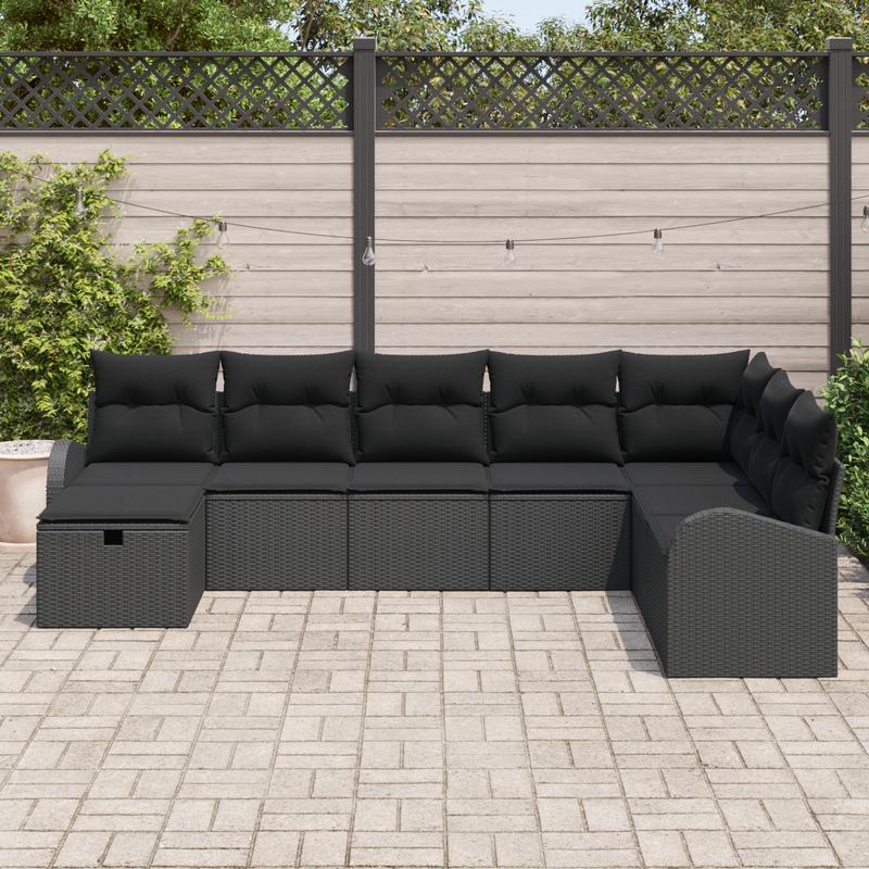 8 Piece Garden Sofa Set with Cushions Black Poly Rattan