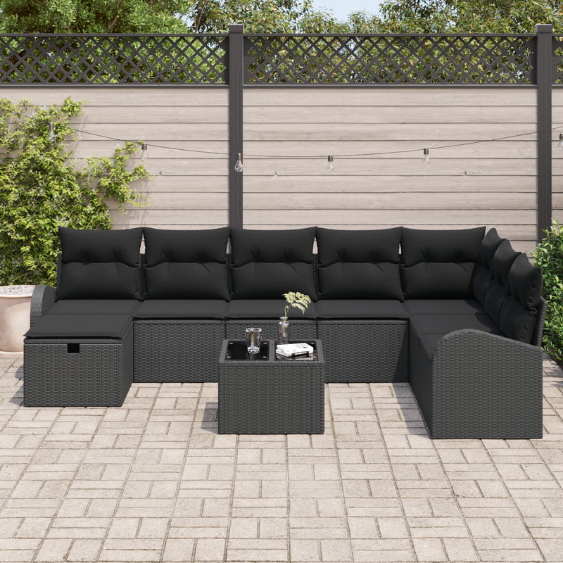 9 Piece Garden Sofa Set with Cushions Black Poly Rattan