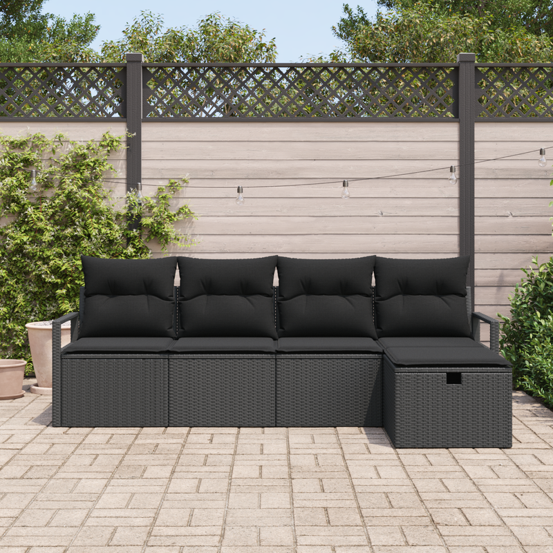 5 Piece Garden Sofa Set with Cushions Black Poly Rattan