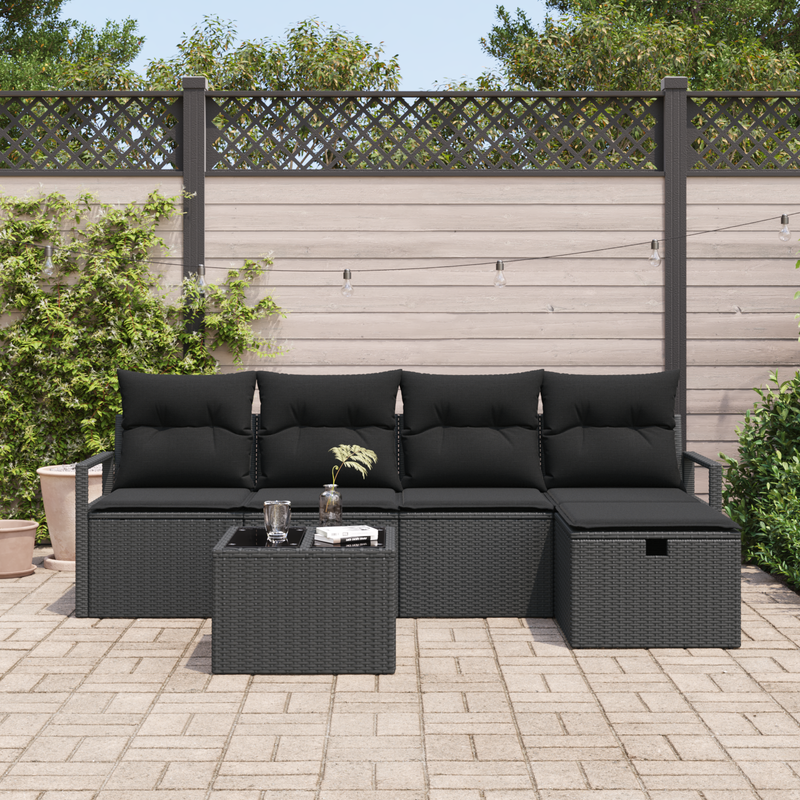 6 Piece Garden Sofa Set with Cushions Black Poly Rattan