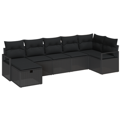 7 Piece Garden Sofa Set with Cushions Black Poly Rattan