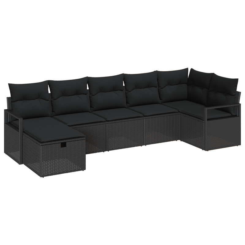 7 Piece Garden Sofa Set with Cushions Black Poly Rattan