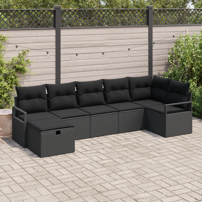 7 Piece Garden Sofa Set with Cushions Black Poly Rattan