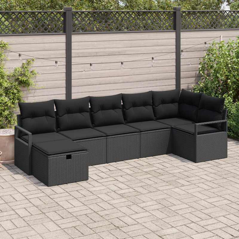7 Piece Garden Sofa Set with Cushions Black Poly Rattan