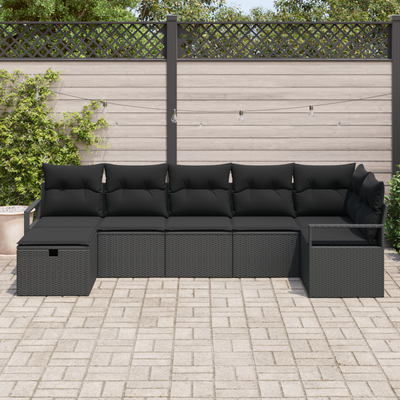 7 Piece Garden Sofa Set with Cushions Black Poly Rattan