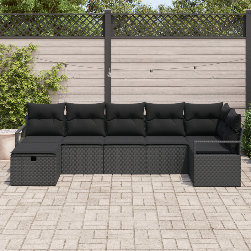 7 Piece Garden Sofa Set with Cushions Black Poly Rattan